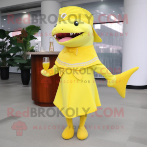 Lemon Yellow Shark mascot costume character dressed with a Cocktail Dress and Berets