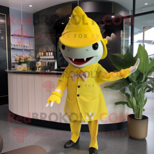 Lemon Yellow Shark mascot costume character dressed with a Cocktail Dress and Berets