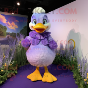 Lavender Duck mascot costume character dressed with a Bodysuit and Hair clips