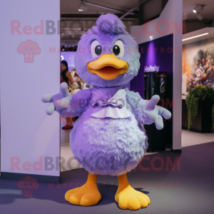 Lavender Duck mascot costume character dressed with a Bodysuit and Hair clips