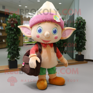 Peach Elf mascot costume character dressed with a Corduroy Pants and Handbags