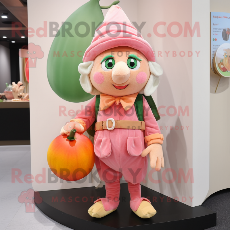 Peach Elf mascot costume character dressed with a Corduroy Pants and Handbags