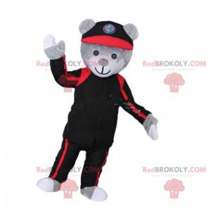 Disfraz de mascota oso de peluche gris en negro y rojo. Disfraz