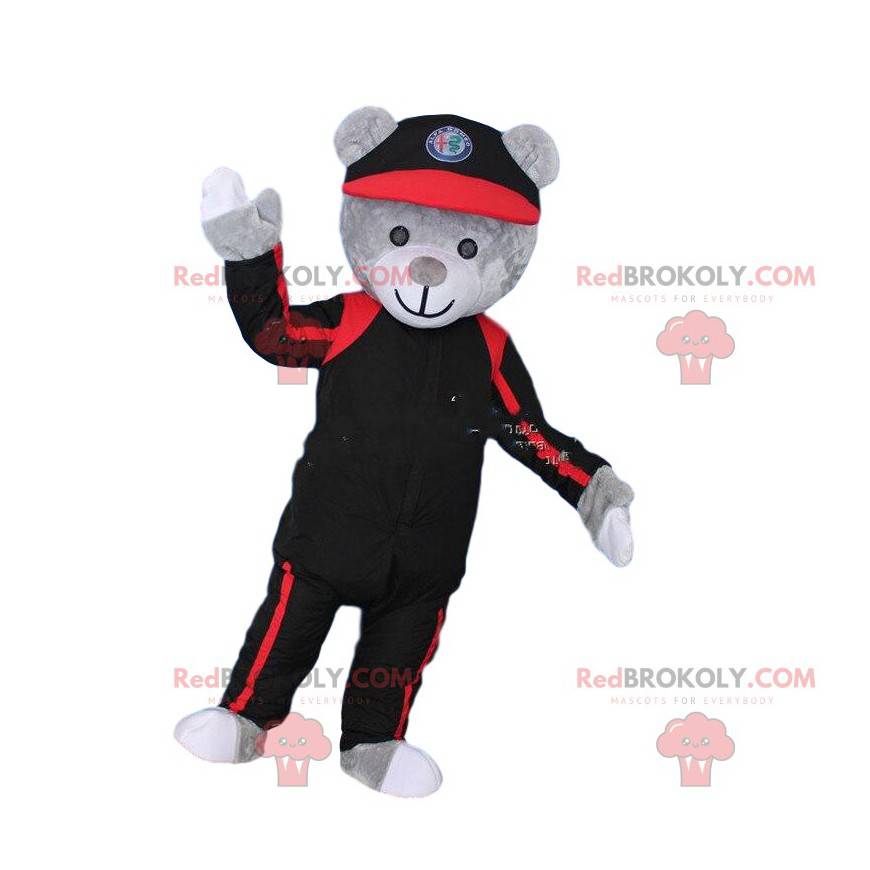 Disfraz de mascota oso de peluche gris en negro y rojo. Disfraz