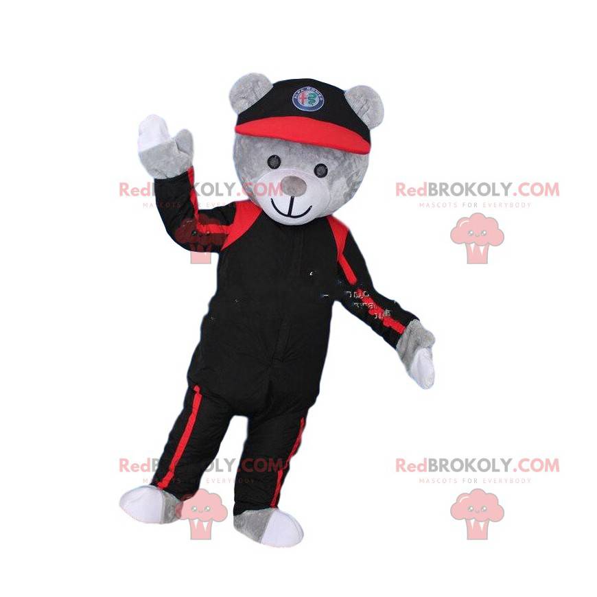 Grå bamse maskot kostume i sort og rød. Bear kostume - Grå bamse maskot kostume i sort og rød. Bear kostume -