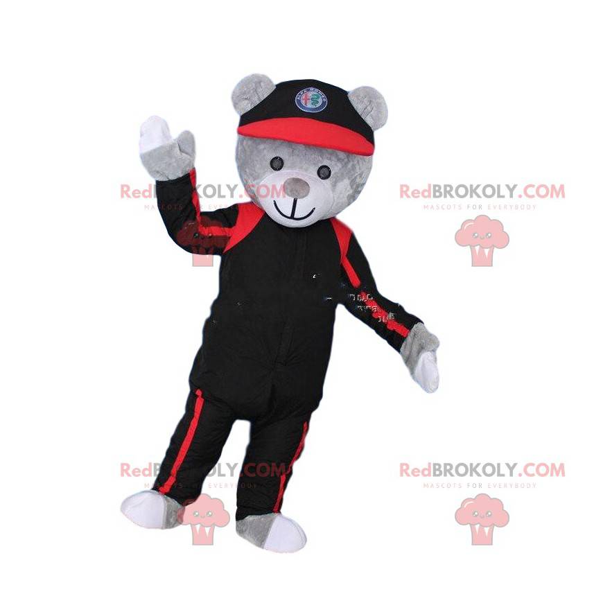 Grå nallebjörnmaskotdräkt i svart och rött. Björn kostym -