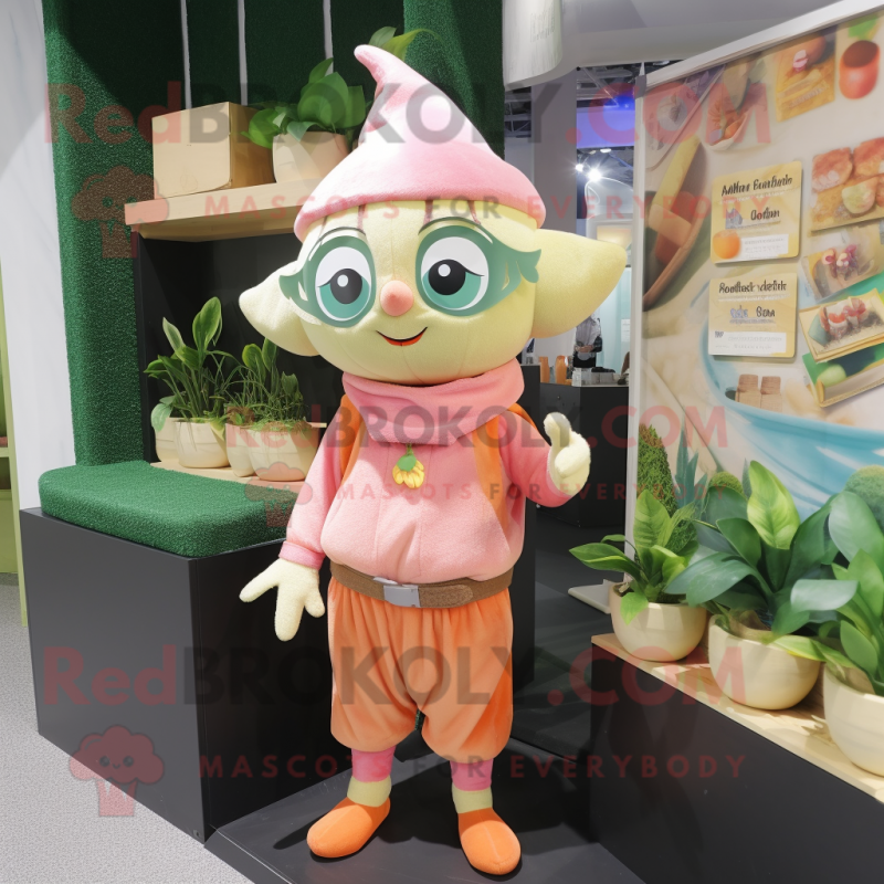 Peach Elf mascot costume character dressed with a Corduroy Pants and Handbags