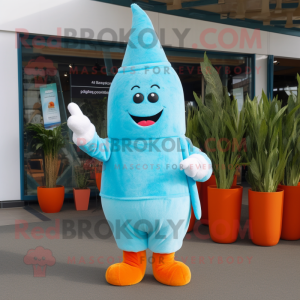 Sky Blue Carrot mascot costume character dressed with a Corduroy Pants and Watches