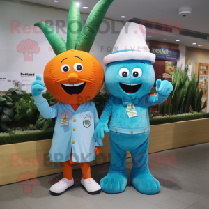 Sky Blue Carrot mascot costume character dressed with a Corduroy Pants and Watches