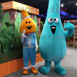 Sky Blue Carrot mascot costume character dressed with a Corduroy Pants and Watches