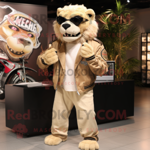 Beige Smilodon mascot costume character dressed with a Biker Jacket and Reading glasses