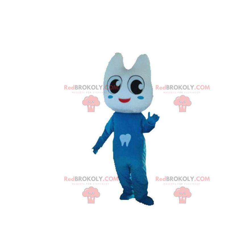 Giant tooth costume mascot dressed in blue. Tooth suit -