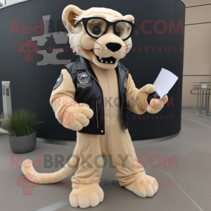 Beige Smilodon mascot costume character dressed with a Biker Jacket and Reading glasses