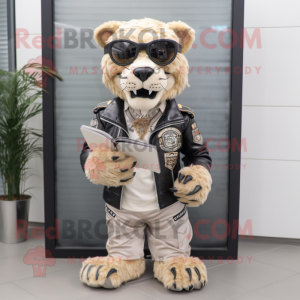 Beige Smilodon mascot costume character dressed with a Biker Jacket and Reading glasses