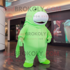 Lime Green Beluga Whale mascot costume character dressed with a Turtleneck and Hat pins