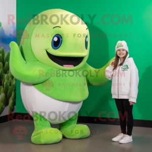 Lime Green Beluga Whale mascot costume character dressed with a Turtleneck and Hat pins