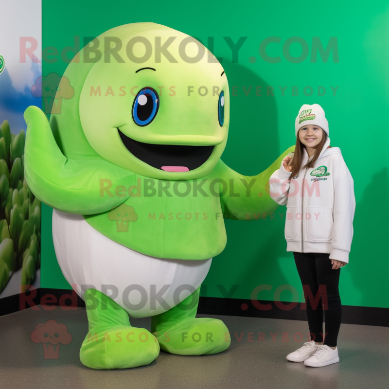 Lime Green Beluga Whale mascot costume character dressed with a Turtleneck and Hat pins Lime Green Beluga Whale mascot costume character dressed with a Turtleneck and Hat pins