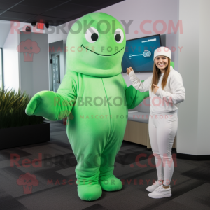 Lime Green Beluga Whale mascot costume character dressed with a Turtleneck and Hat pins