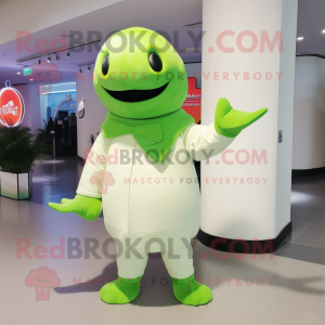 Lime Green Beluga Whale mascot costume character dressed with a Turtleneck and Hat pins