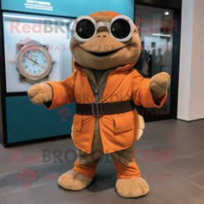 Brown Turtle mascot costume character dressed with a Coat and Bracelet watches