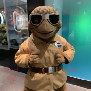 Brown Turtle mascot costume character dressed with a Coat and Bracelet watches