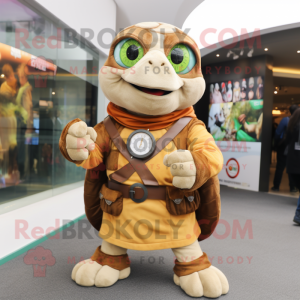 Brown Turtle mascot costume character dressed with a Coat and Bracelet watches