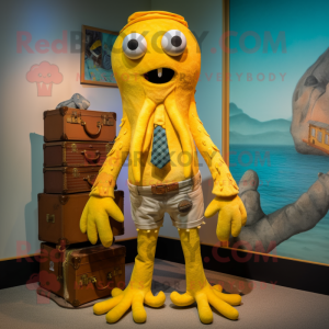 Yellow Kraken mascot costume character dressed with a Bermuda Shorts and Tie pins