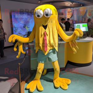 Yellow Kraken mascot costume character dressed with a Bermuda Shorts and Tie pins