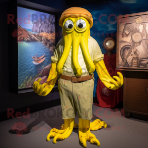 Yellow Kraken mascot costume character dressed with a Bermuda Shorts and Tie pins