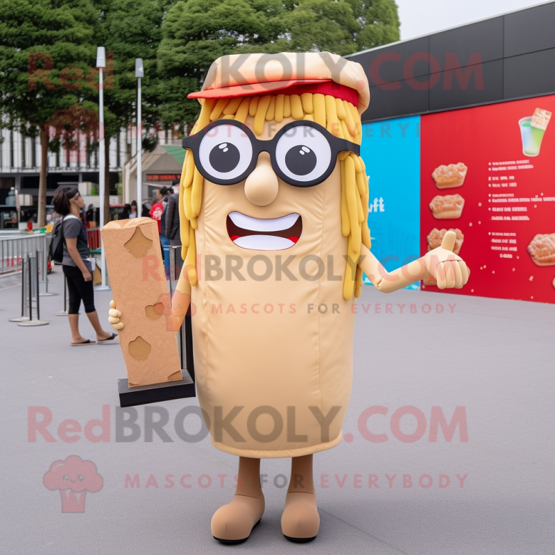 Tan French Fries mascot costume character dressed with a Mini Skirt and Reading glasses Tan French Fries mascot costume character dressed with a Mini Skirt and Reading glasses