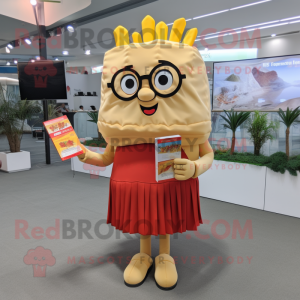 Tan French Fries mascot costume character dressed with a Mini Skirt and Reading glasses