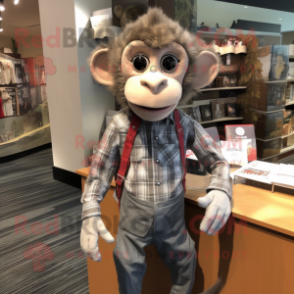 Gray Monkey mascot costume character dressed with a Flannel Shirt and Pocket squares