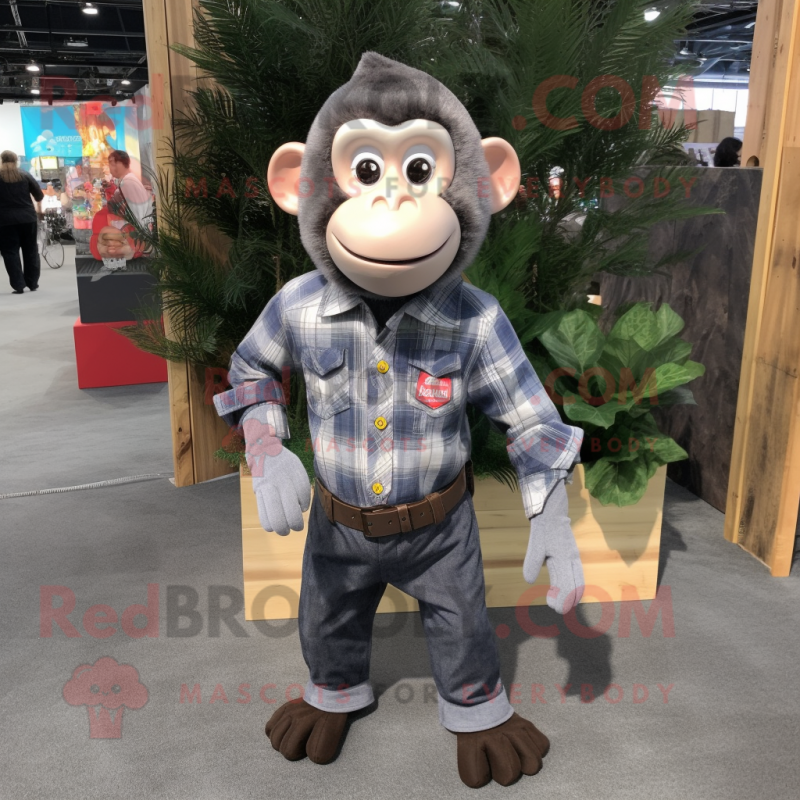 Gray Monkey mascot costume character dressed with a Flannel Shirt and Pocket squares