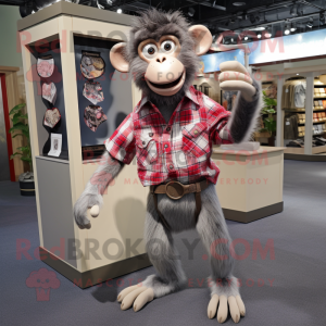 Gray Monkey mascot costume character dressed with a Flannel Shirt and Pocket squares