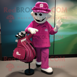 Magenta Golf Bag mascot costume character dressed with a Capri Pants and Hat pins