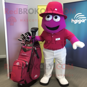 Magenta Golf Bag mascot costume character dressed with a Capri Pants and Hat pins