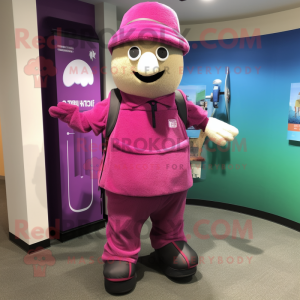 Magenta Golf Bag mascot costume character dressed with a Capri Pants and Hat pins
