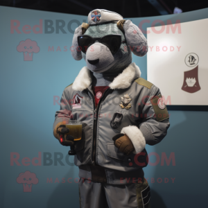 Gray Special Air Service mascot costume character dressed with a Bomber Jacket and Lapel pins