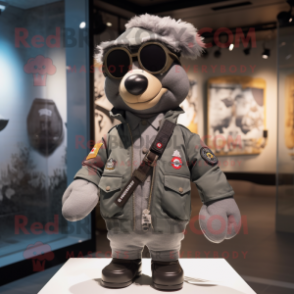 Gray Special Air Service mascot costume character dressed with a Bomber Jacket and Lapel pins