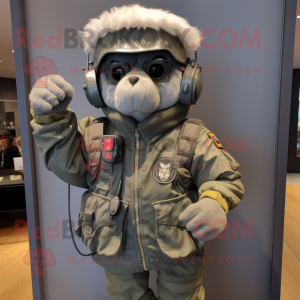 Gray Special Air Service mascot costume character dressed with a Bomber Jacket and Lapel pins