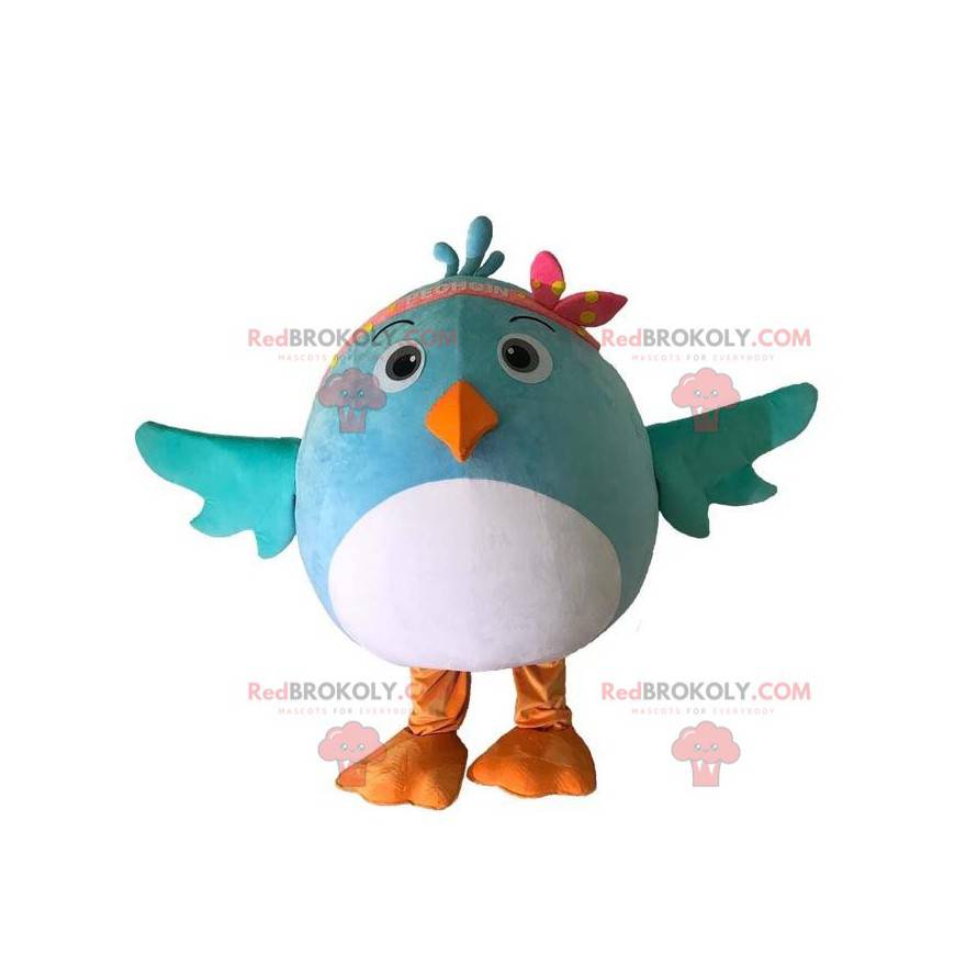 Mascotte witte en blauwe vogelkostuum, rond en schattig -