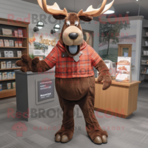 Rust Moose mascot costume character dressed with a Cardigan and Ties