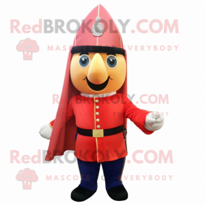 Peach British Royal Guard mascot costume character dressed with a Flare Jeans and Mittens