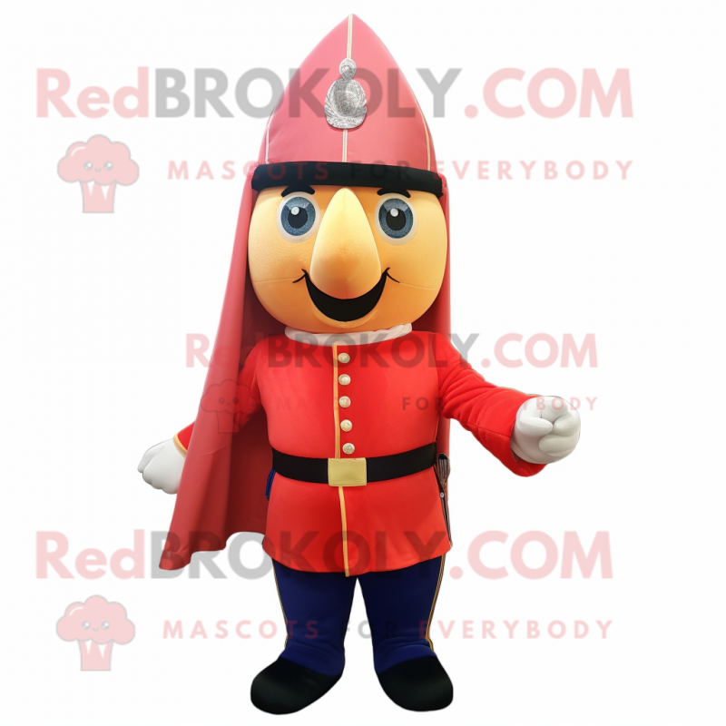 Peach British Royal Guard mascot costume character dressed with a Flare Jeans and Mittens Peach British Royal Guard mascot costume character dressed with a Flare Jeans and Mittens