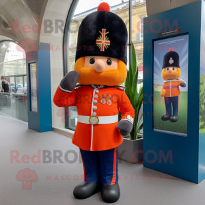 Peach British Royal Guard mascot costume character dressed with a Flare Jeans and Mittens