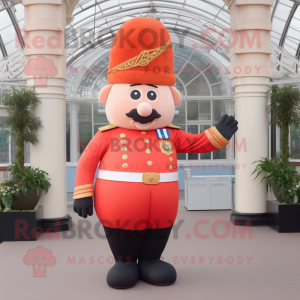 Peach British Royal Guard mascot costume character dressed with a Flare Jeans and Mittens