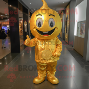 Gold Pumpkin mascot costume character dressed with a Jeans and Coin purses