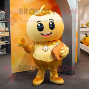 Gold Pumpkin mascot costume character dressed with a Jeans and Coin purses