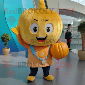 Gold Pumpkin mascot costume character dressed with a Jeans and Coin purses