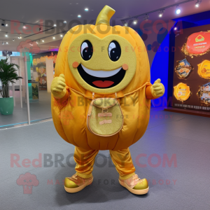 Gold Pumpkin mascot costume character dressed with a Jeans and Coin purses